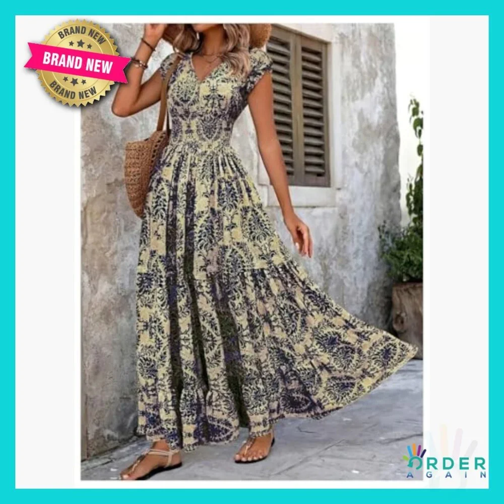 Vintage Boho Maxi Dress Floral Print Smocked Waist Summer Casual Vacation - Picture 3 of 5